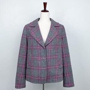 Talbots Wool Blend Grey Purple Plaid Snap Front Blazer Coat